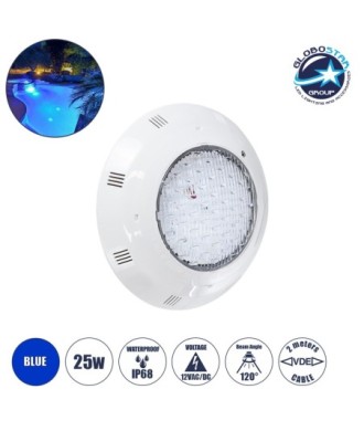 GLOBOSTAR® POOLETI 61541 Υποβρύχιο Φωτιστικό για Σιντριβάνια-Πισίνες LED 25W 1750lm 120° AC-DC 12V Αδιάβροχο IP68 Μπλε Dimmable  - 2m VDE Rubber Καλώδιο - Φ30 x Υ6.5cm - 3 Χρόνια Εγγύηση